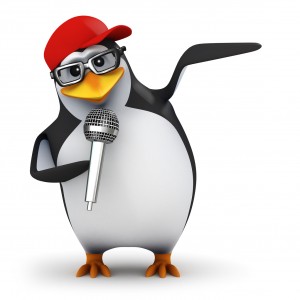 3d Penguin in baseball cap singing and pointing